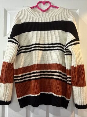 Striped Chunky Knit Sweater - Cream, Black & Rust By ZESICA Size XL